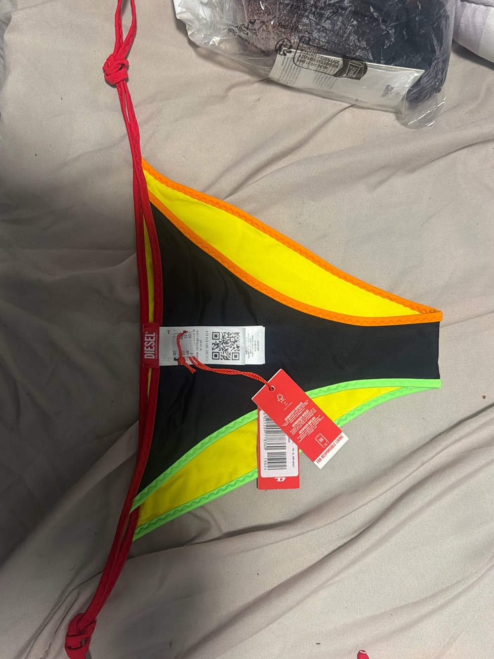 Diesel Black Bikini Bottoms with Neon Yellow, Neon Green & Red Ties